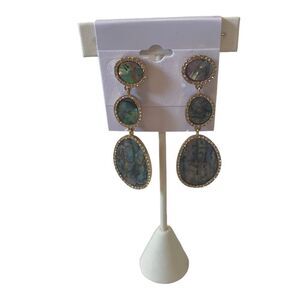 Abalone & Gold Toned 3 Tiered Drop Earrings encased with clear crystals.